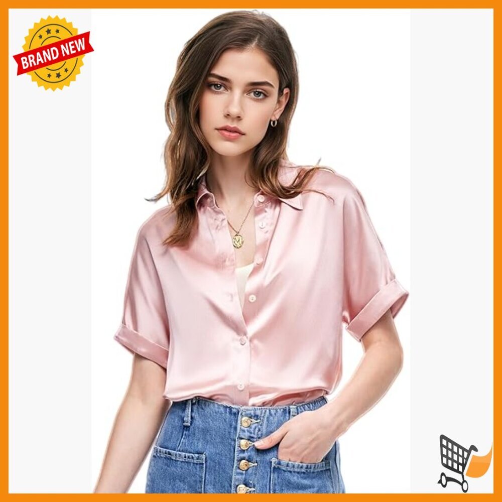 Short Sleeve Silk Button Down Blouse Relaxed Fit V-Neck Luxury Top